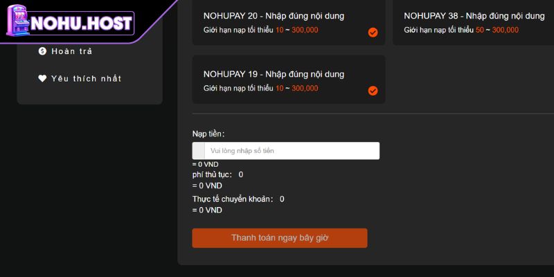 Nạp Và Rút Tiền NOHU 2 Các bước thực hiện nạp tiền